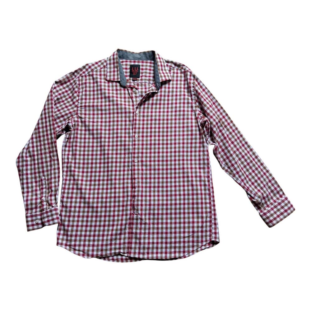Men's Red, Brown, White Linea Uomo Button Up, 2XL, Cotton, Polyester, Check Patt